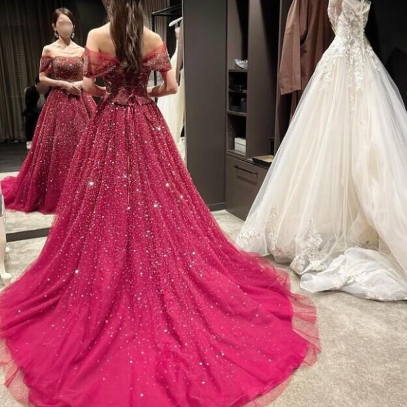 カラードレス オフショルダー 編み上げ ローズピンク キラキラチュール  