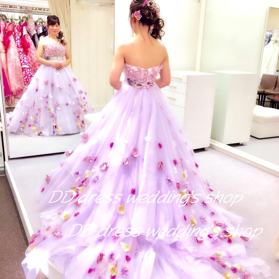 カラードレス 薄ピンク ベアトップ ラッフルフリル チュールスカート  