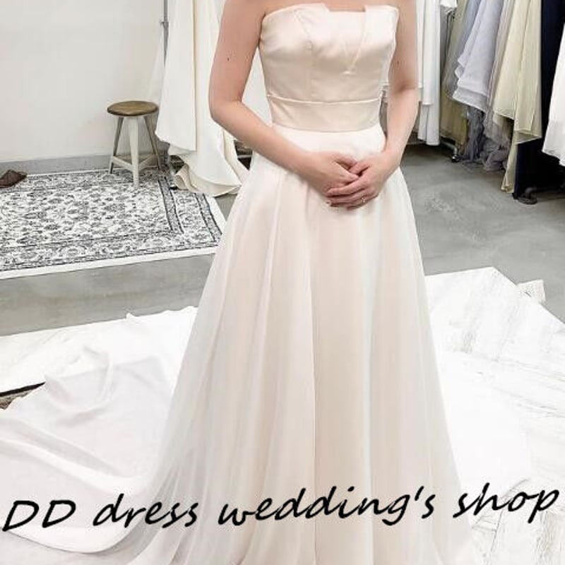 フランス風 ベアトップ ウエディングドレス アイボリー スレンダー  