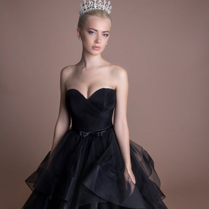 エレガント パーティードレス ブラック ベアトップ パフスリーブ 2次会  