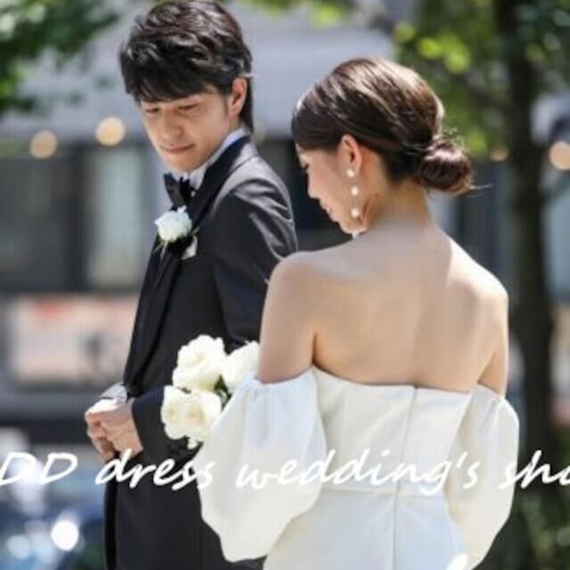 フランス風 ベアトップ ウエディングドレス 前撮り 取り外し可能 姫袖  