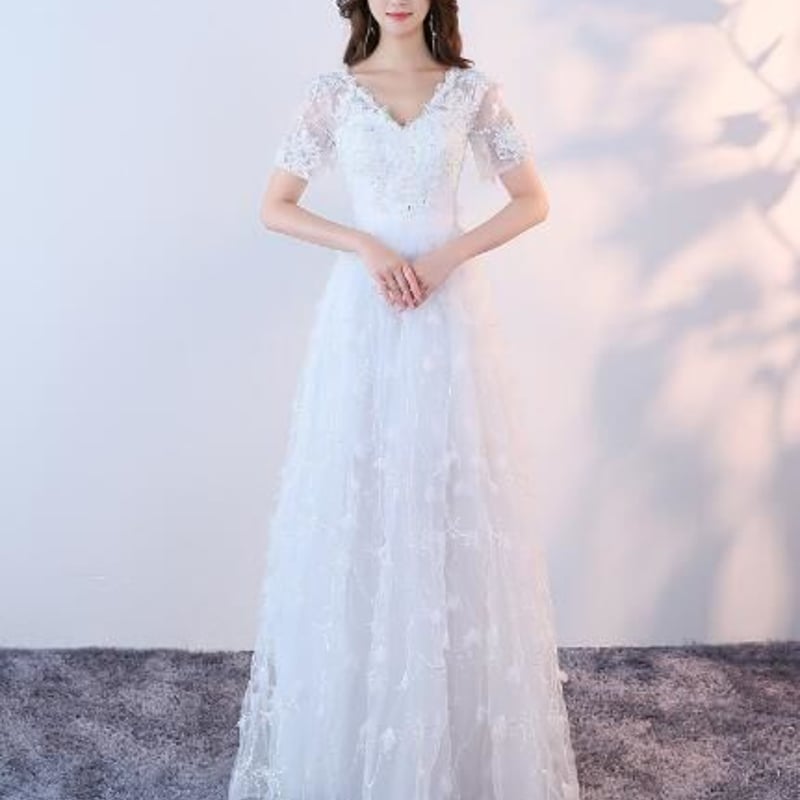 ウエディングドレス ホワイト 上質オーガンジー スパンコール V