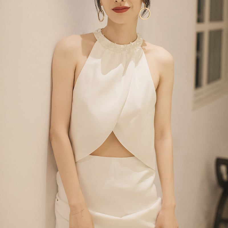 ツーピースサテンドレス ホワイト 高品質！ ウエディングドレス ホワイト 光沢サテン 3D立体レース