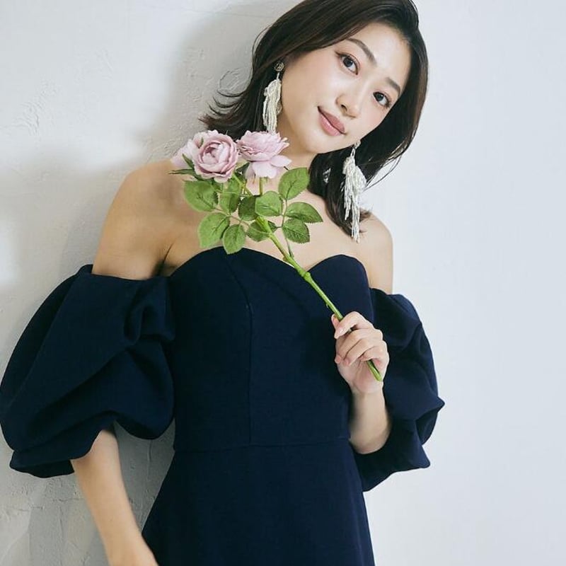 パーティードレス ネイビー 取り外し袖 クレープ生地 マット生地  