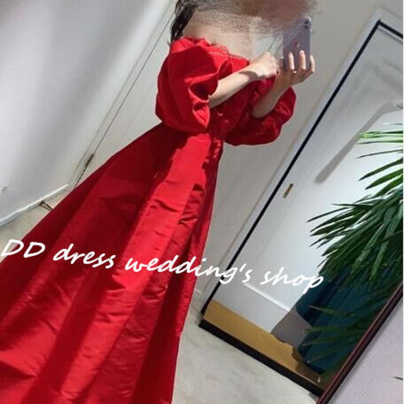 高品質！ベアトップ 姫袖 パーティードレス 赤 光沢サテン ロング  