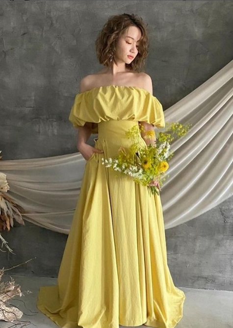 エレガント カラードレス イエロー オフショルダー 挙式 前撮 花嫁  