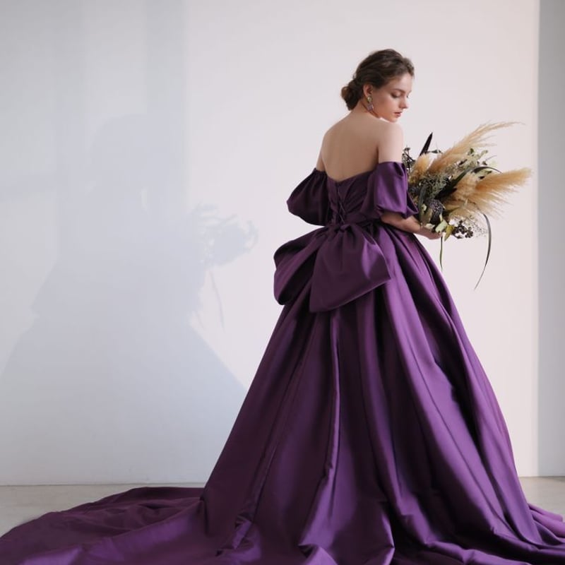 高品質！ カラードレス パープル プリンセスライン ミニトレーン 姫袖  