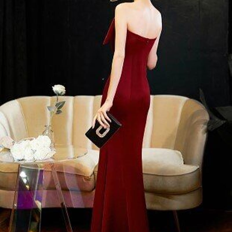 美品 パーティードレス ワインレッド ベアトップ 床付く 背中見せ 細  
