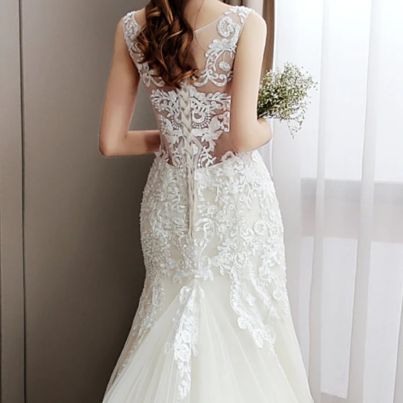 贅沢な小花総レース ドレス 総レース ソフトマーメイドライン ロング  