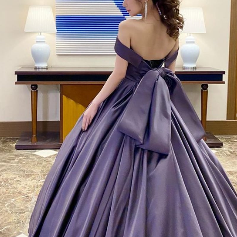 クラシカル カラードレス パープル オフショルダー フレアスカート  