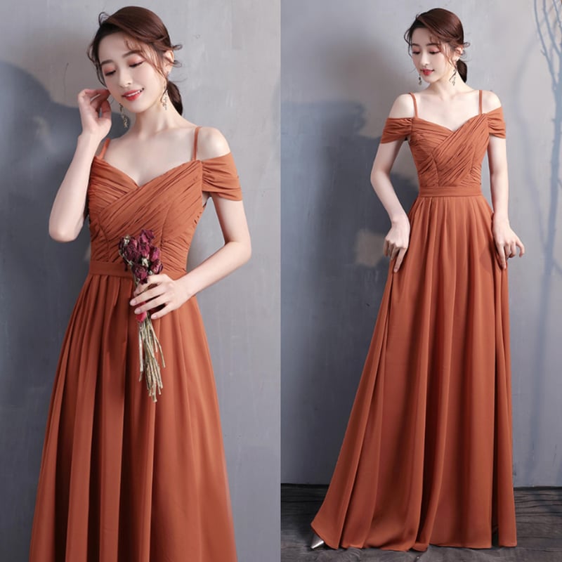 テラコッタ色 キャミソール スレンダーライン パーティドレス 2次会  