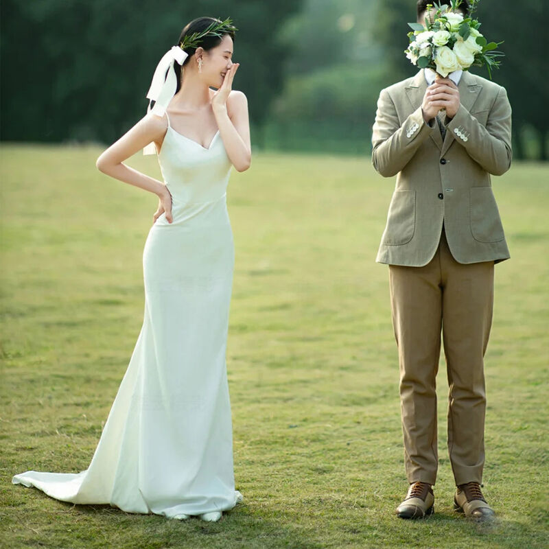 大人気上昇 ウエディングドレス 前撮り キャミソール 光沢サテン  