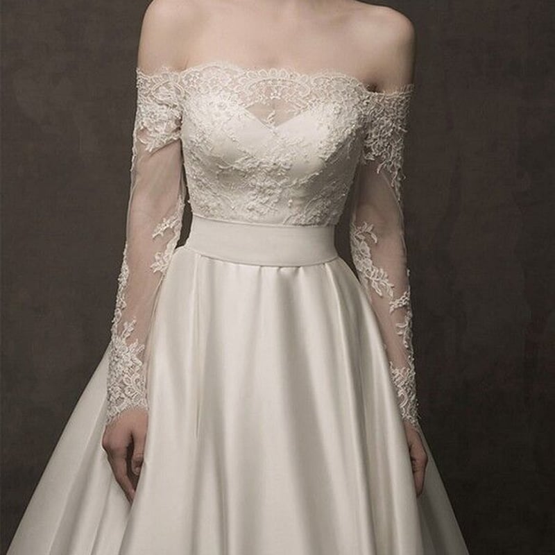 クラシカル オフショルダー 編み上げ 枝花刺繍 前撮り結婚式 憧れの  