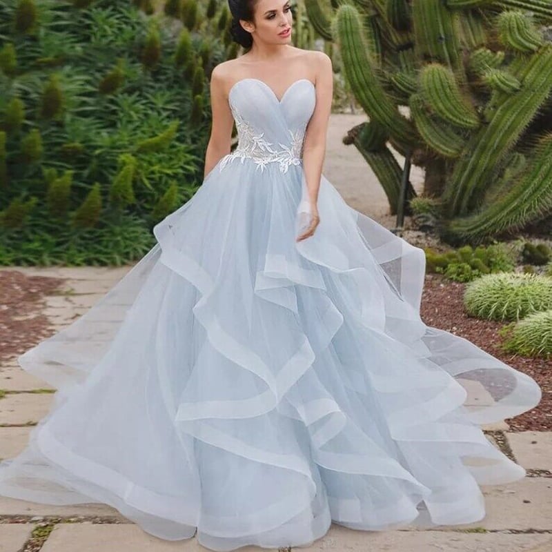 憧れのドレス 爽やかで優しいブルー スリット カラードレス ベアトップ  