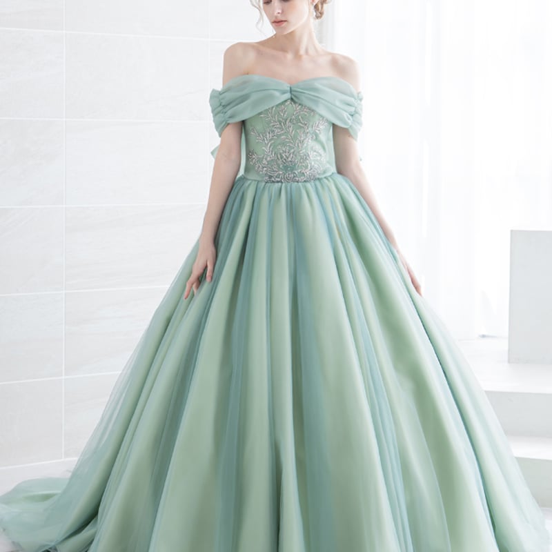 ライトグリーン オフショルダー パーティードレス ライトグリーン オフショルダー パーティードレス