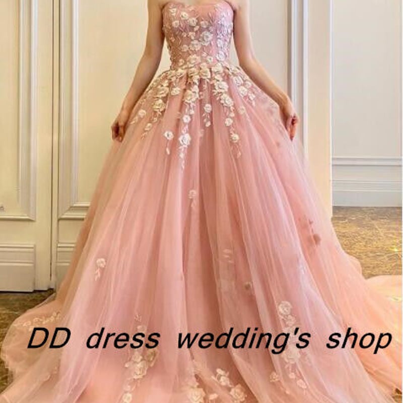 高品質！カラードレス ベアトップ ピンクソフィア ソフトチュール 花  