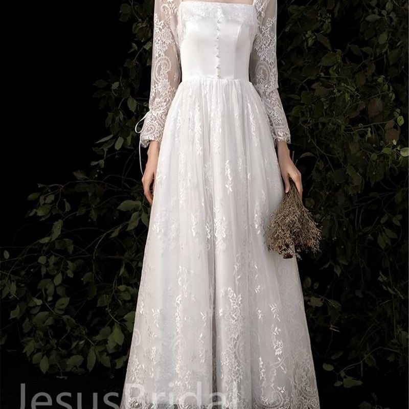 ホワイトボートネック ウエディングドレス スカラップレース