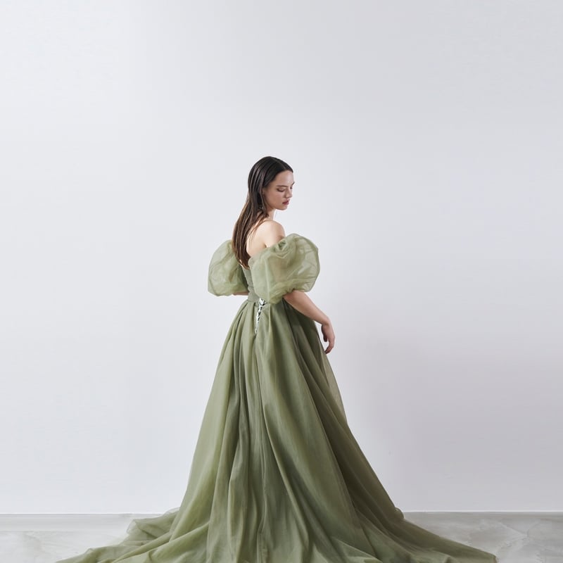 高品質！カラードレス グリーン ベアトップ トレーン ビスチェ