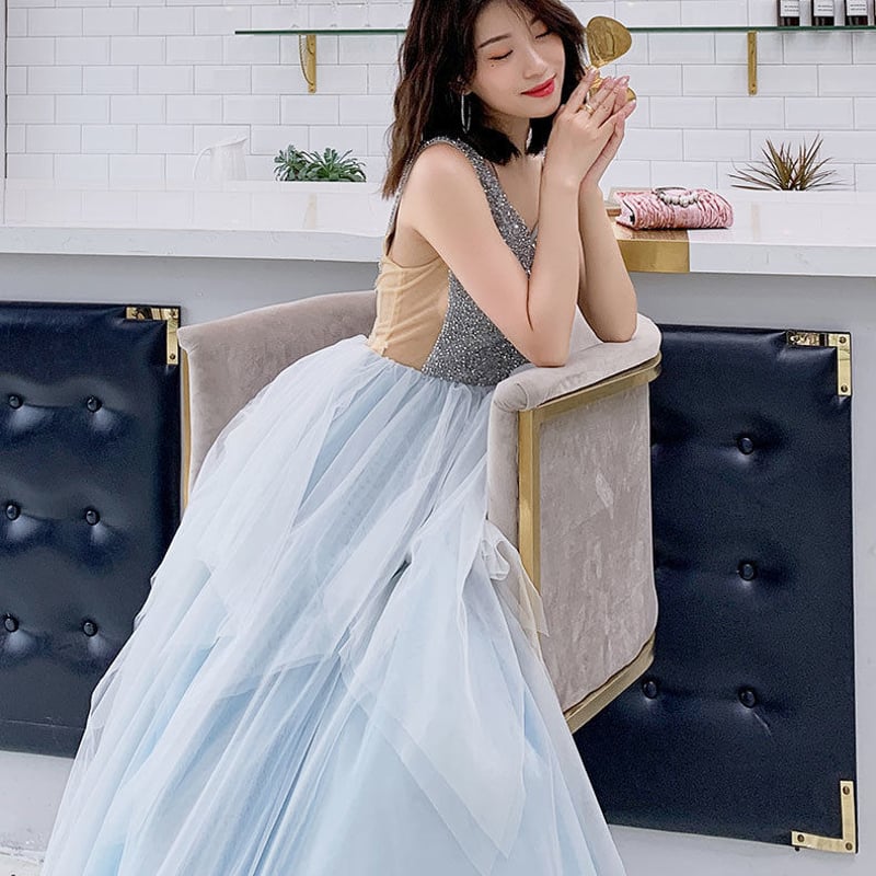 カラードレス ライトブルー スパンコール プリンセスライン ロング 美 
