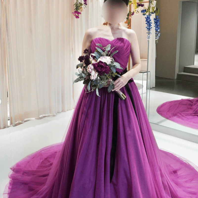 カラードレス パープル ソフトチュール ベアトップ サッシュベルト  
