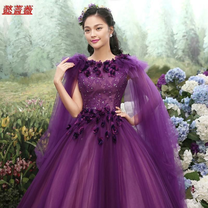 プリンセス紫ドレス✭大きなリボン魅力的なイブニング用 カラードレス パープル/紫 ソフトチュール プリンセスライン 美