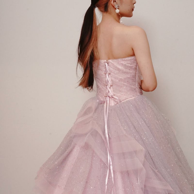 カラードレス ピンク ストレートビスチェ 柔らかなチュール Aライン