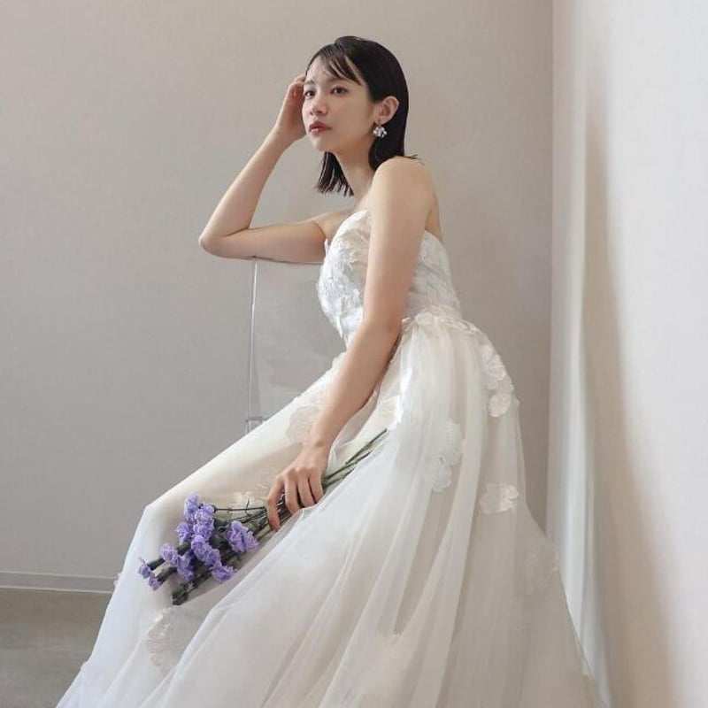 ウエディングドレス 3D立体レース刺繍 編み上げ チュールスカート 結婚 