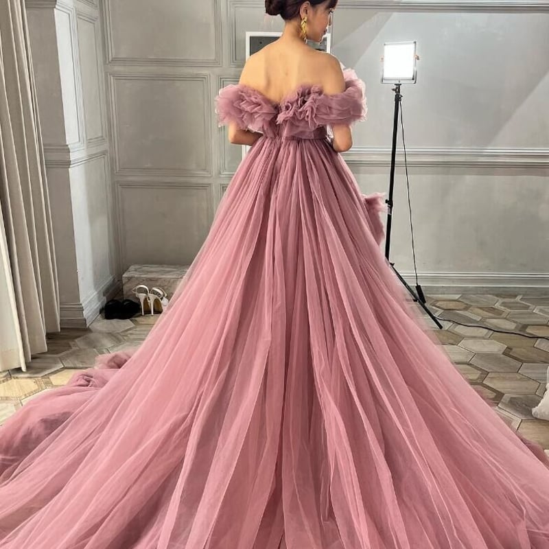 即納！豪華！ピンク ドレス 華やかなトレーン フレアスカート  