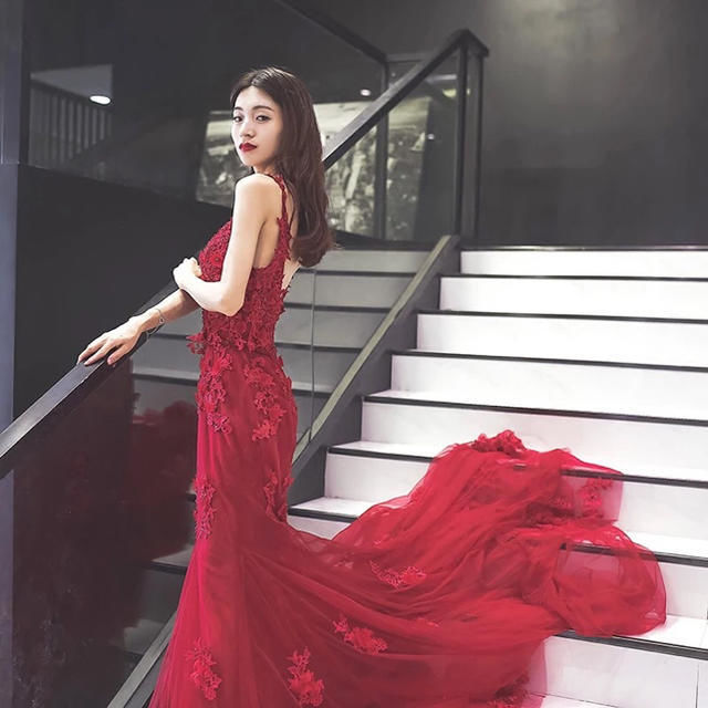 GENETVIVIEN ドレス 発表会 赤 パーティードレス 社交ダンス 赤 ジュネ