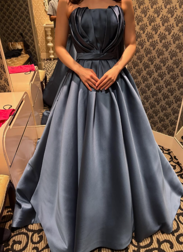 カラードレス ネイビー 編み上げ スリット 光沢サテン ロングトレーン