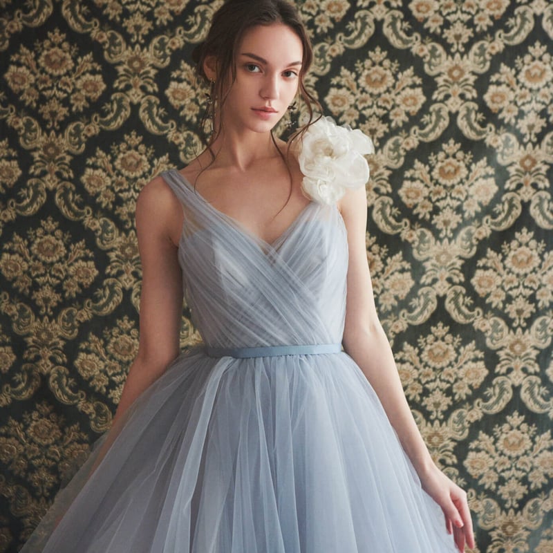 即納！爽やかで優しいブルー Vネックドレス ソフトチュール 前撮り/拳  