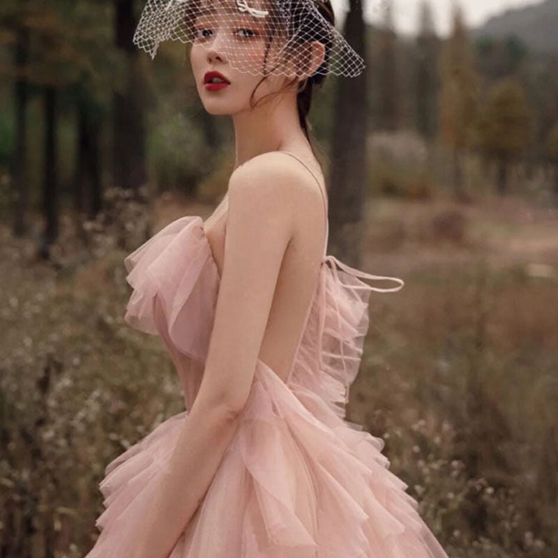 高品質！カラードレス ピンク キャミソール 柔らかく重ねたチュール  