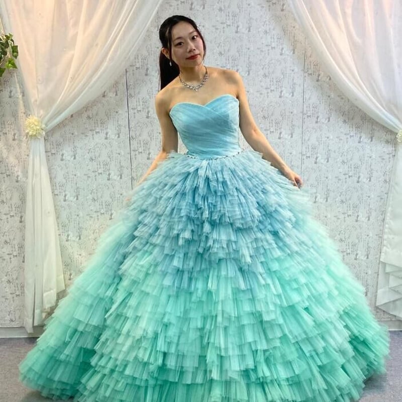 カラードレス グリーン グラデーションドレス 編み上げ 床付く ベア  