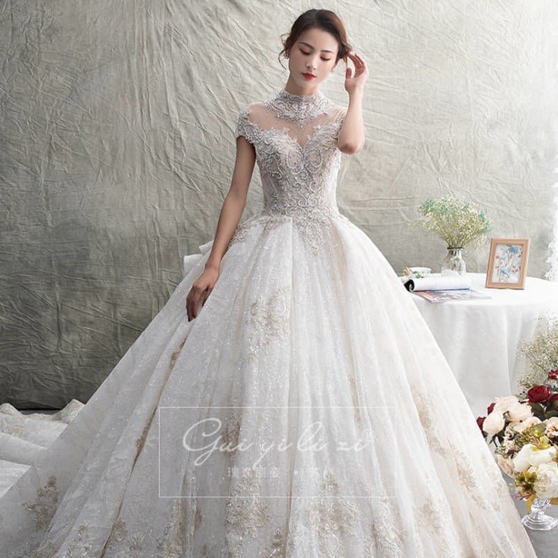 ウエディングドレス ホワイト キラキラチュール レーススパンコール