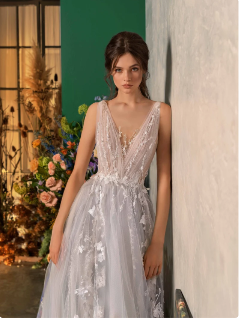 憧れのドレス カラードレス ブルーグレー ソフトチュール 短トレーン V  