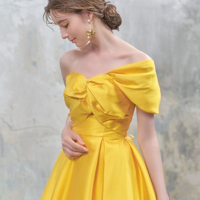 結婚式 二次会 パーティードレス イエロー リボンショルダー フリルドレス リボンショルダー フリルドレス（N02）
