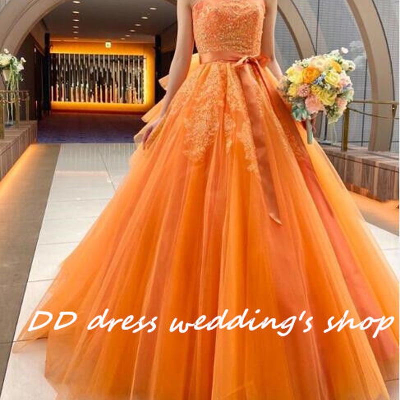 高品質！オレンジ カラードレス ベアトップ ソフトチュール 2次会