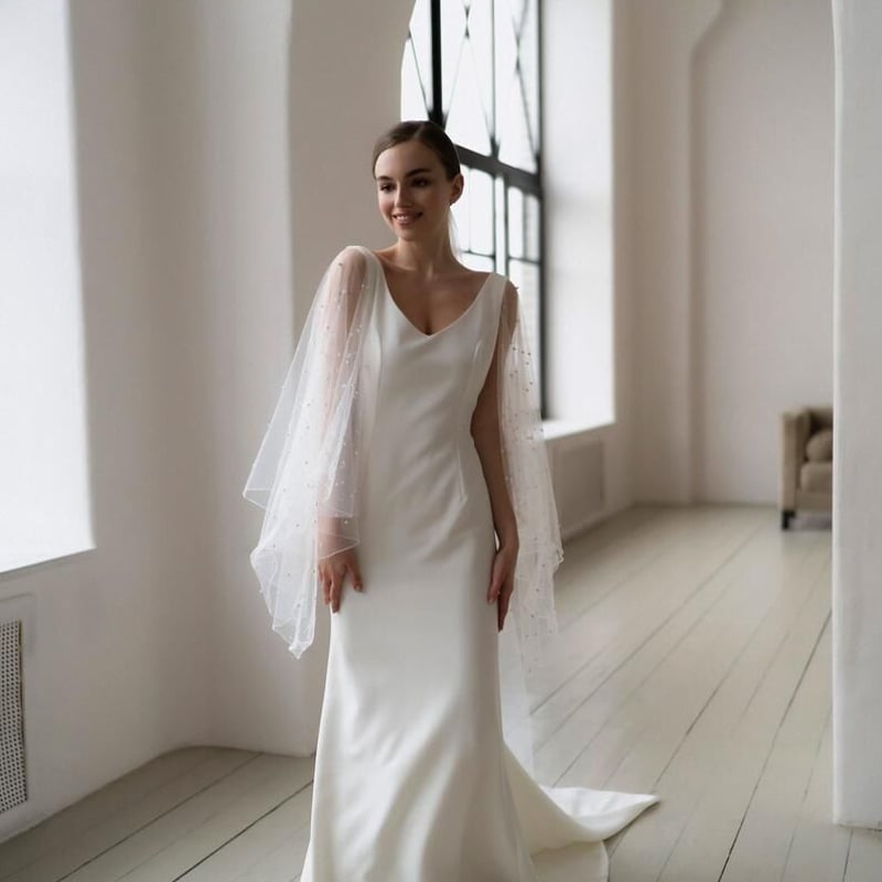 フランス風 ウエディングドレス ホワイト Vネックドレス 短トレーン  