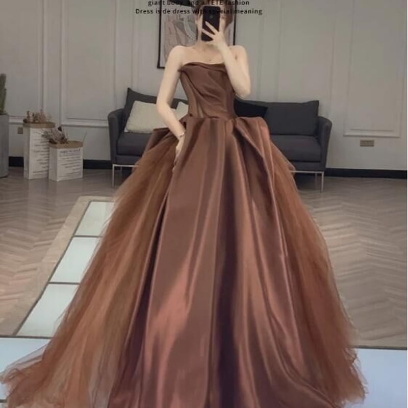 高品質！ベアトップ プリンセスライン カラードレス 可愛い コーヒーの  