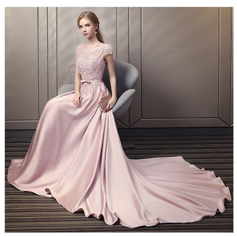 豪華！パーティードレス ピンク 光沢サテン 2次会 謝恩会