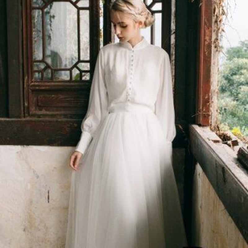 フランス風 ハイネック フロントボタン セパレートドレス 前撮り 結婚