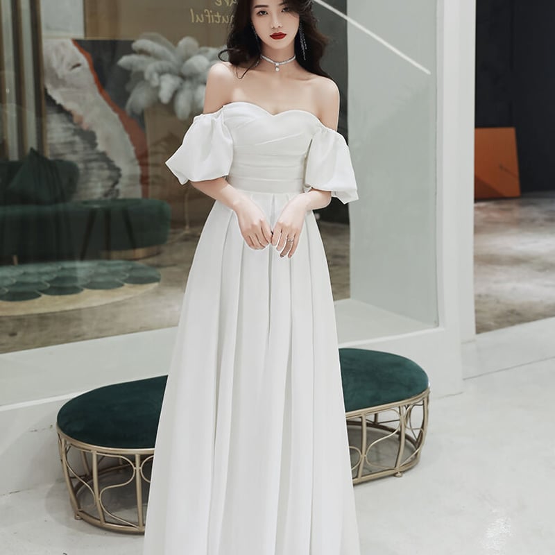 高品質！パーティードレス ホワイト オフショル パフスリーブ ロング