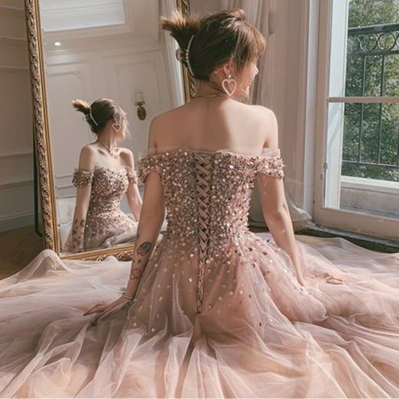 オフショルダー スパンコール パーティードレス お呼ばれ/二次会/2次会  