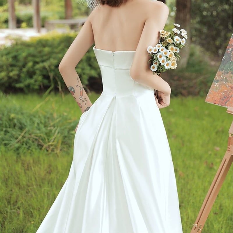 高品質！フランス風ウエディングドレス ホワイト ベアトップ スリット  