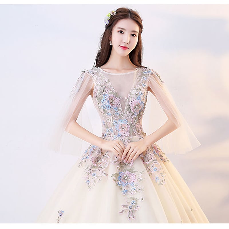 カラードレス シャンパン色 上質オーガンジー カラーストーン 枝花刺繍  