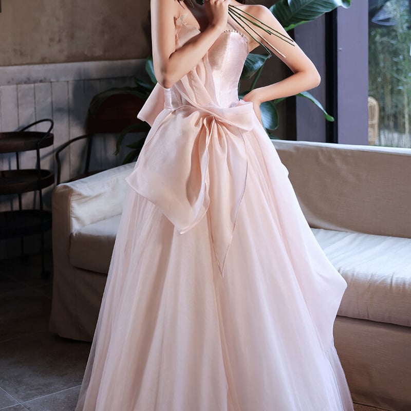 フランス風 パーティードレス ピンク ベアトップ 上質オーガンジー  