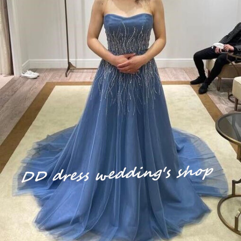 高品質！青 ベアトップ 2次会/披露宴 カラードレス エレガント  