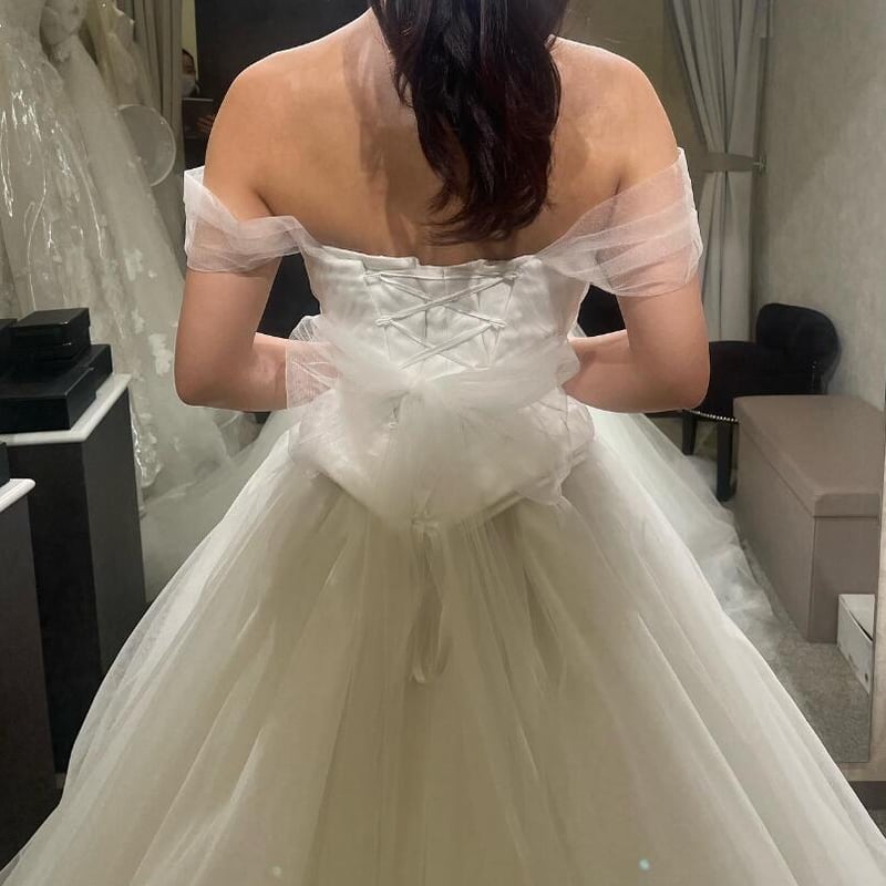 高品質！ ウェディングドレス オフショルダー ビスチェドレス リボン  