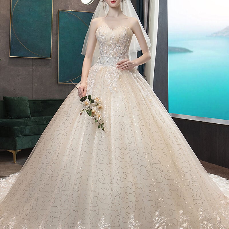 美品！ウエディングドレス ホワイト ベアトップ 華やかなトレーン  