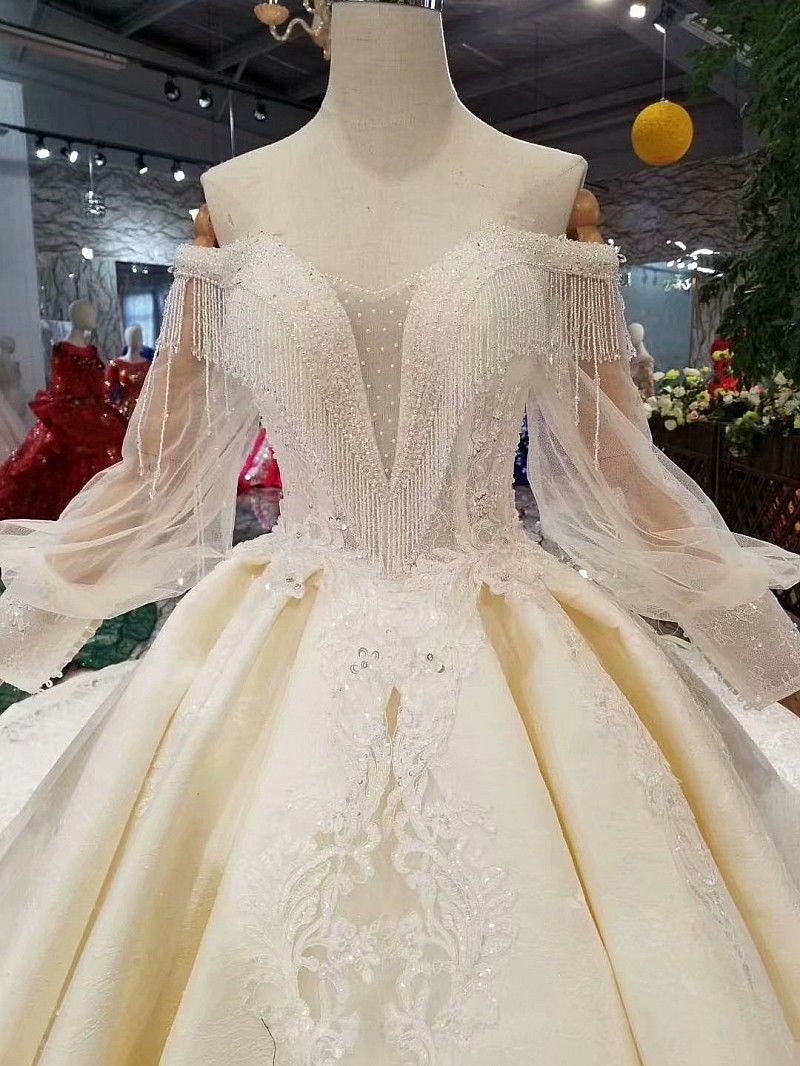 ウエディングドレス プリンセスライン オフショルダー シースルー袖  